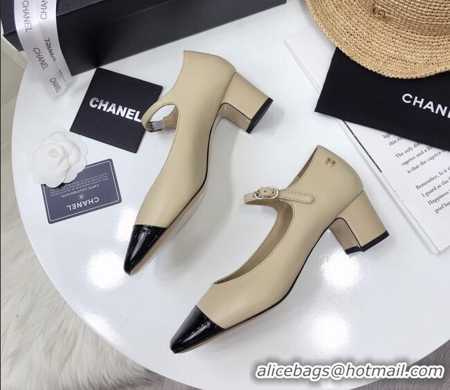 New Style Chanel Lambskin  Mary Janes Pumps 5cm 122109 Beige