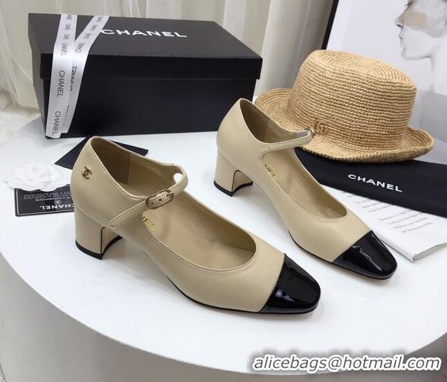 New Style Chanel Lambskin  Mary Janes Pumps 5cm 122109 Beige