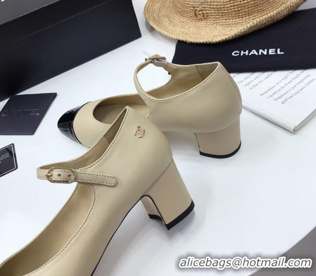 New Style Chanel Lambskin  Mary Janes Pumps 5cm 122109 Beige