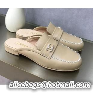 Top Quality Chanel Calfskin Pearl Charm Mules 122195 Beige