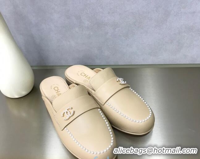 Top Quality Chanel Calfskin Pearl Charm Mules 122195 Beige