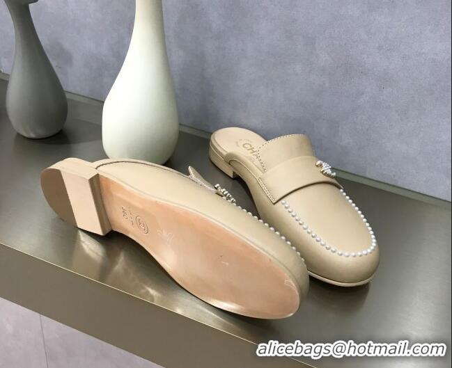 Top Quality Chanel Calfskin Pearl Charm Mules 122195 Beige