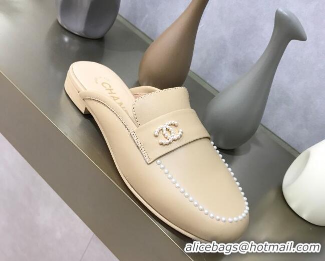 Top Quality Chanel Calfskin Pearl Charm Mules 122195 Beige