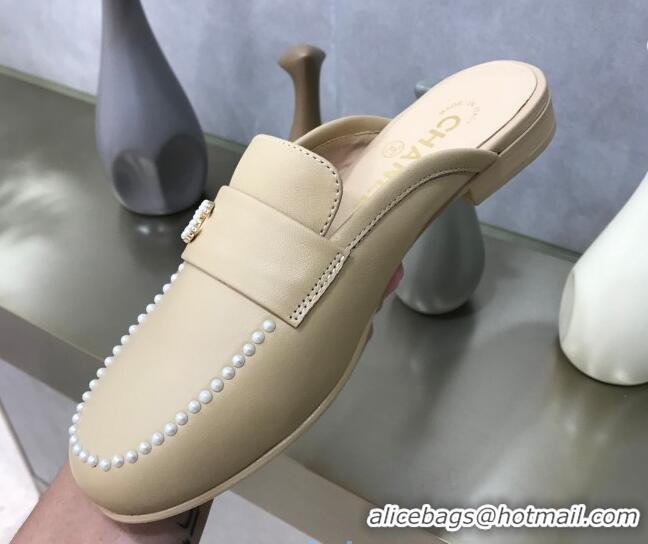 Top Quality Chanel Calfskin Pearl Charm Mules 122195 Beige