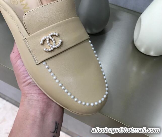 Top Quality Chanel Calfskin Pearl Charm Mules 122195 Beige