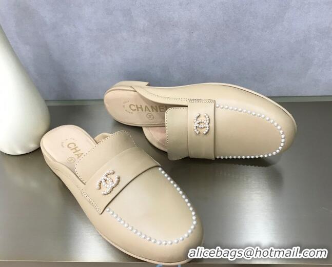 Top Quality Chanel Calfskin Pearl Charm Mules 122195 Beige