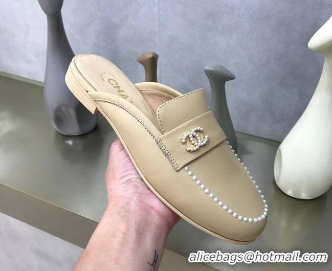 Top Quality Chanel Calfskin Pearl Charm Mules 122195 Beige