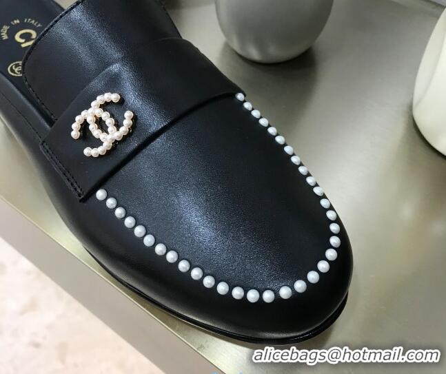 Low Price Chanel Calfskin Pearl Charm Mules 122195 Black