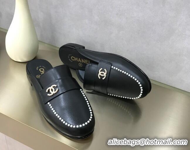 Low Price Chanel Calfskin Pearl Charm Mules 122195 Black