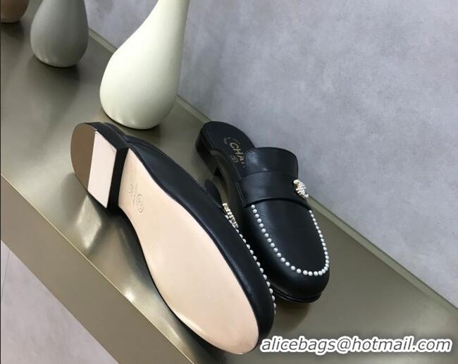 Low Price Chanel Calfskin Pearl Charm Mules 122195 Black