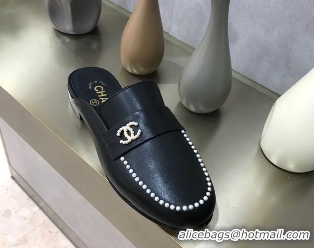 Low Price Chanel Calfskin Pearl Charm Mules 122195 Black