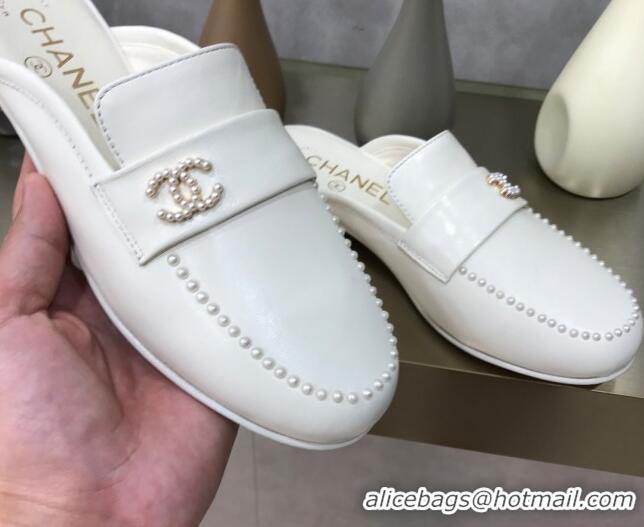 Duplicate Chanel Calfskin Pearl Charm Mules 122195 White  ​