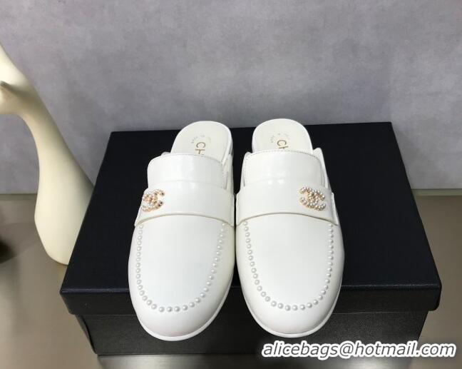 Duplicate Chanel Calfskin Pearl Charm Mules 122195 White  ​