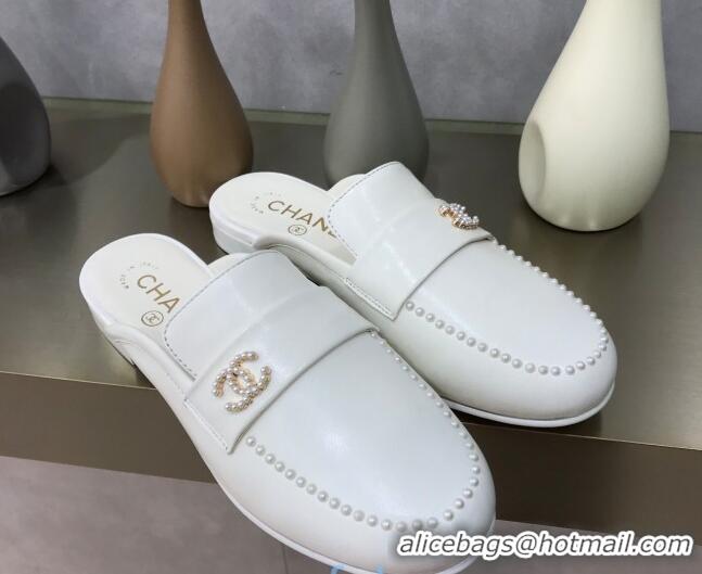 Duplicate Chanel Calfskin Pearl Charm Mules 122195 White  ​