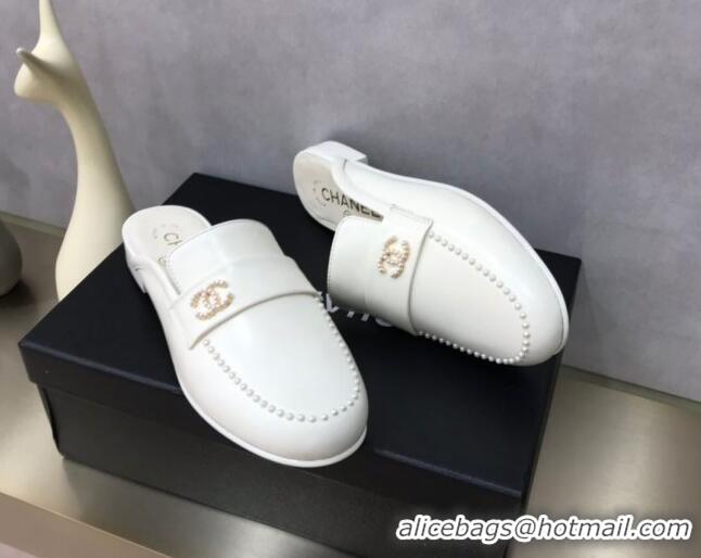 Duplicate Chanel Calfskin Pearl Charm Mules 122195 White  ​