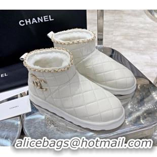 New Style Chanel Quilted Lambskin Wool Flat Short Boots with Chain Charm 22198 White