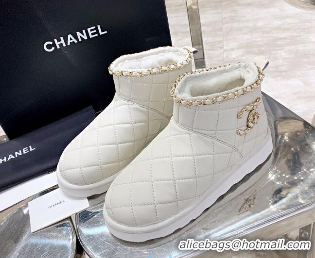 New Style Chanel Quilted Lambskin Wool Flat Short Boots with Chain Charm 22198 White