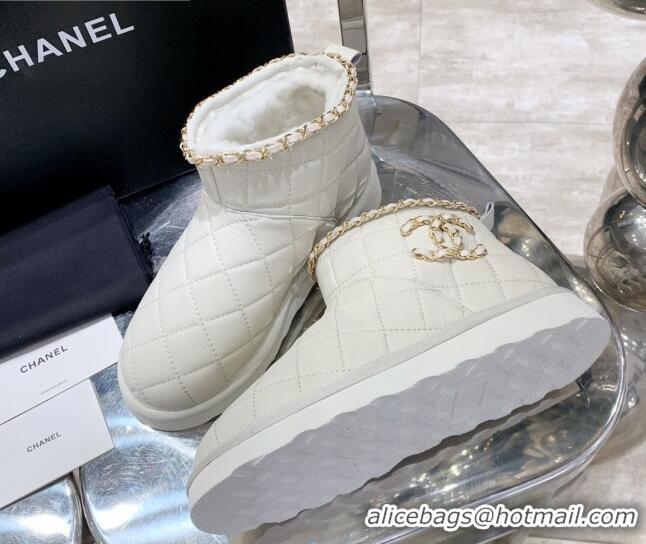 New Style Chanel Quilted Lambskin Wool Flat Short Boots with Chain Charm 22198 White