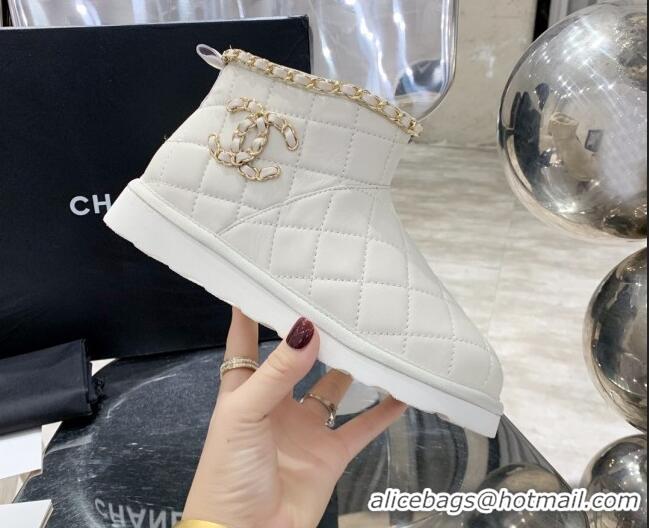 New Style Chanel Quilted Lambskin Wool Flat Short Boots with Chain Charm 22198 White