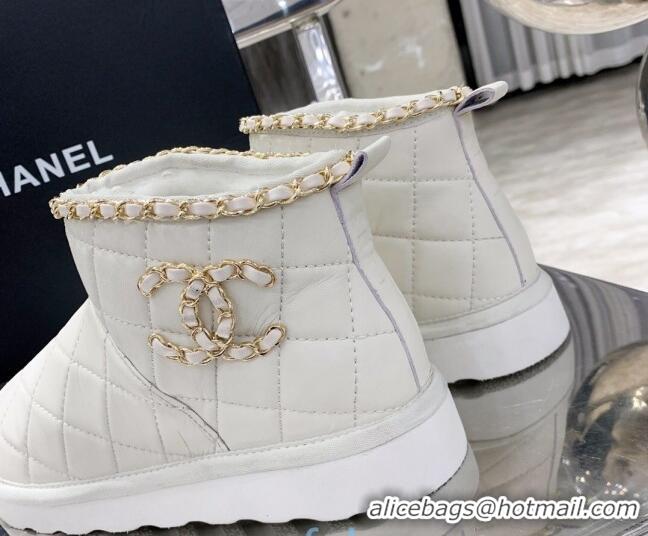 New Style Chanel Quilted Lambskin Wool Flat Short Boots with Chain Charm 22198 White