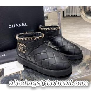 AAAAA Chanel Quilted Lambskin Wool Flat Short Boots with Chain Charm 22198 Black