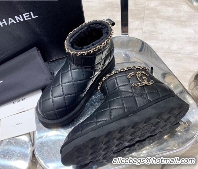 AAAAA Chanel Quilted Lambskin Wool Flat Short Boots with Chain Charm 22198 Black