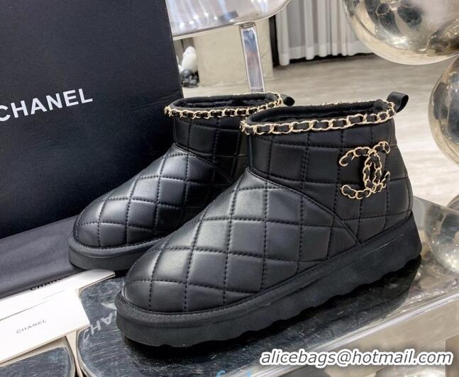 AAAAA Chanel Quilted Lambskin Wool Flat Short Boots with Chain Charm 22198 Black