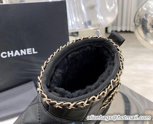 AAAAA Chanel Quilted Lambskin Wool Flat Short Boots with Chain Charm 22198 Black