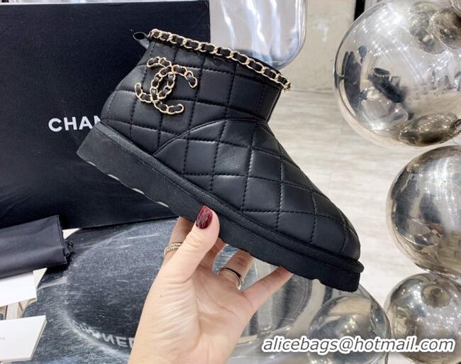 AAAAA Chanel Quilted Lambskin Wool Flat Short Boots with Chain Charm 22198 Black