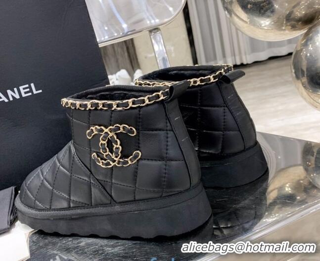 AAAAA Chanel Quilted Lambskin Wool Flat Short Boots with Chain Charm 22198 Black