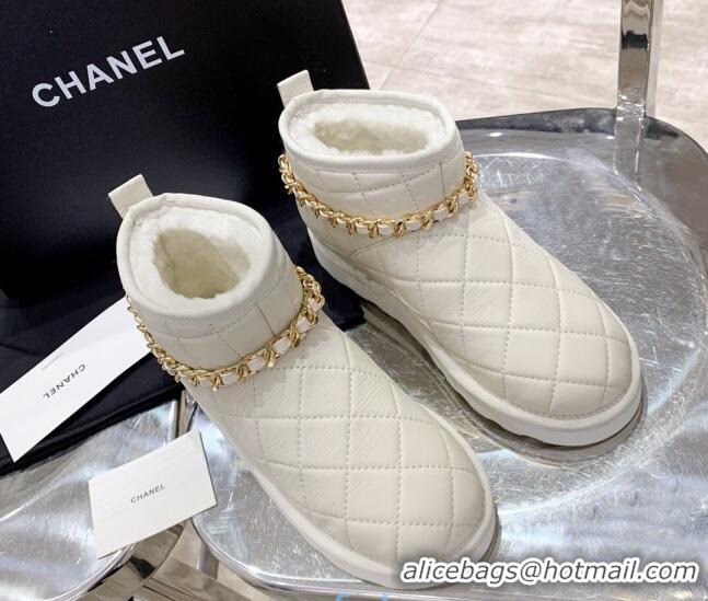 Good Product Chanel Quilted Lambskin Wool Flat Short Boots with Chain Charm 122110 White