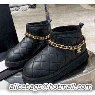 Top Quality Chanel Quilted Lambskin Wool Flat Short Boots with Chain Charm 122110 Black