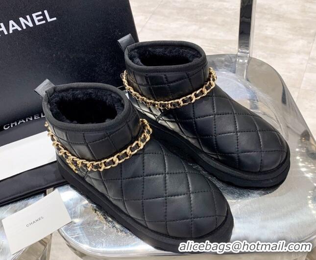 Top Quality Chanel Quilted Lambskin Wool Flat Short Boots with Chain Charm 122110 Black