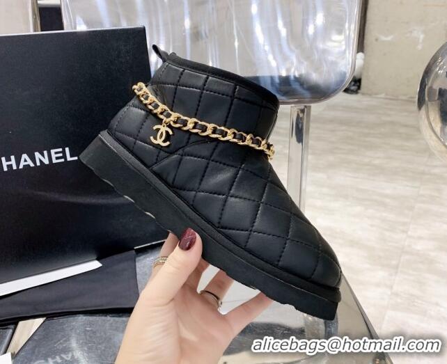 Top Quality Chanel Quilted Lambskin Wool Flat Short Boots with Chain Charm 122110 Black