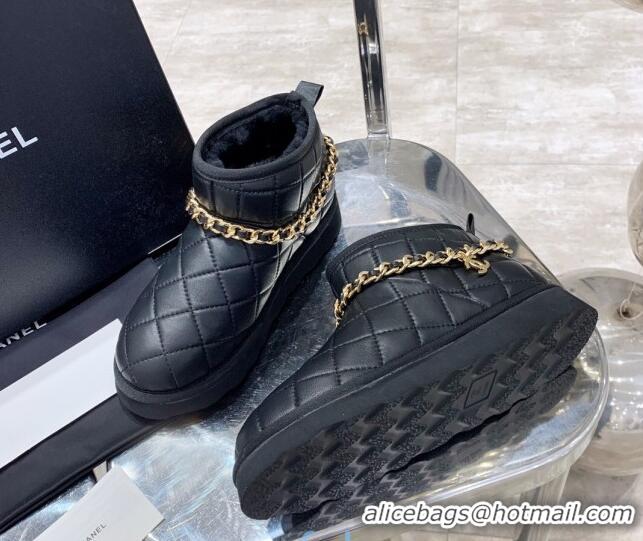 Top Quality Chanel Quilted Lambskin Wool Flat Short Boots with Chain Charm 122110 Black