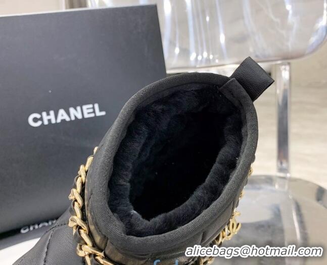 Top Quality Chanel Quilted Lambskin Wool Flat Short Boots with Chain Charm 122110 Black