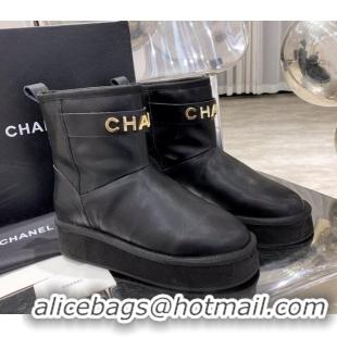 Super Quality Chanel Lambskin Wool Flat Short Boots with CHANEL Strap Black 221102