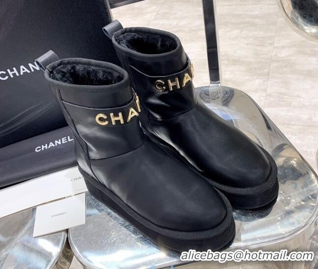 Super Quality Chanel Lambskin Wool Flat Short Boots with CHANEL Strap Black 221102