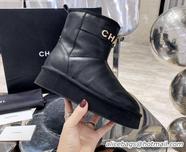 Super Quality Chanel Lambskin Wool Flat Short Boots with CHANEL Strap Black 221102