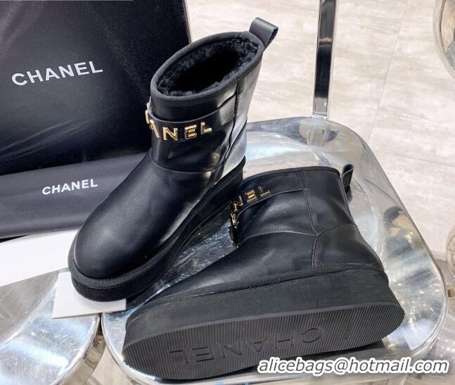 Super Quality Chanel Lambskin Wool Flat Short Boots with CHANEL Strap Black 221102