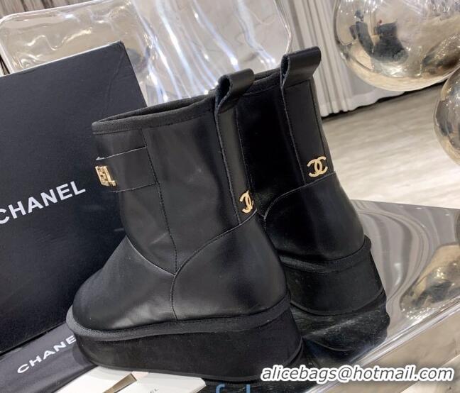 Super Quality Chanel Lambskin Wool Flat Short Boots with CHANEL Strap Black 221102