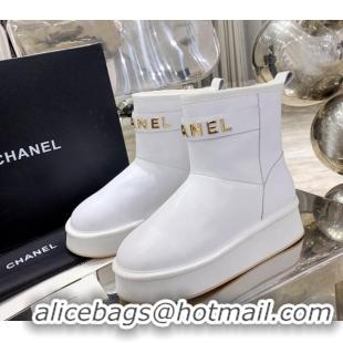 Low Price Chanel Lambskin Wool Flat Short Boots with CHANEL Strap 221102 White