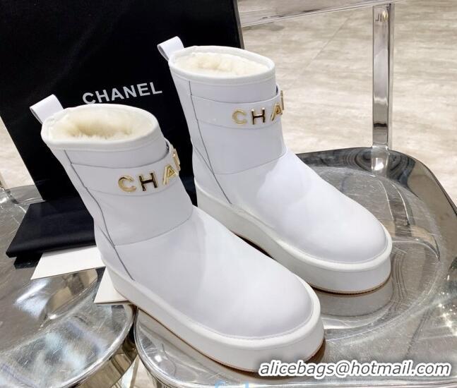 Low Price Chanel Lambskin Wool Flat Short Boots with CHANEL Strap 221102 White