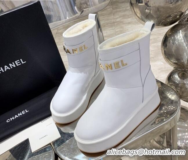 Low Price Chanel Lambskin Wool Flat Short Boots with CHANEL Strap 221102 White