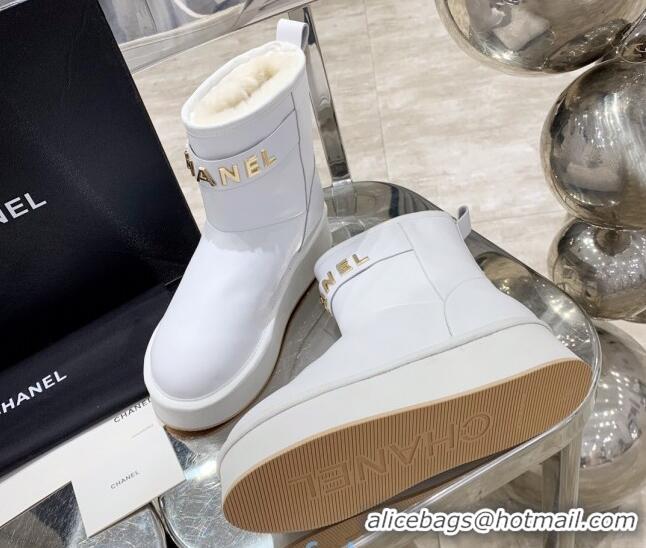 Low Price Chanel Lambskin Wool Flat Short Boots with CHANEL Strap 221102 White