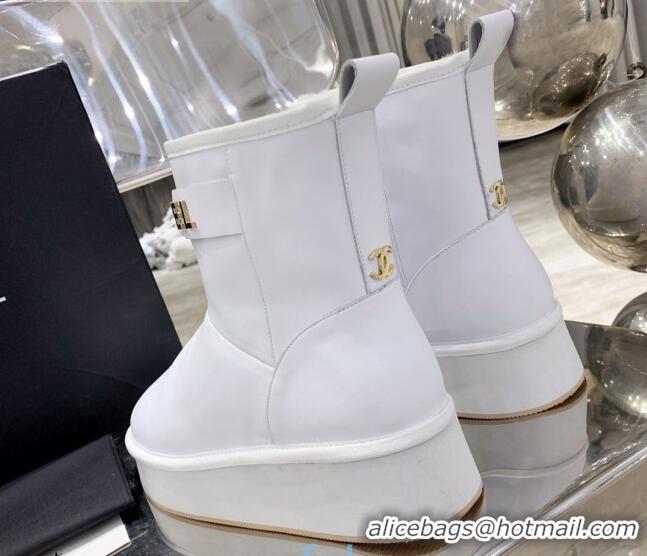 Low Price Chanel Lambskin Wool Flat Short Boots with CHANEL Strap 221102 White