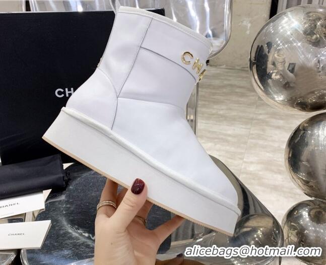 Low Price Chanel Lambskin Wool Flat Short Boots with CHANEL Strap 221102 White