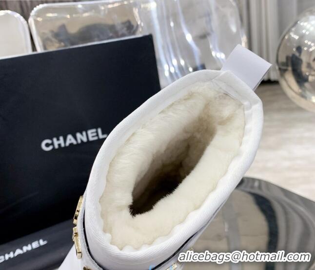 Low Price Chanel Lambskin Wool Flat Short Boots with CHANEL Strap 221102 White