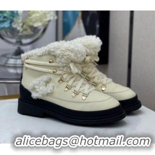 Top Sale Chanel Calfskin Wool Lace-up Flat Short Boots G35376 White