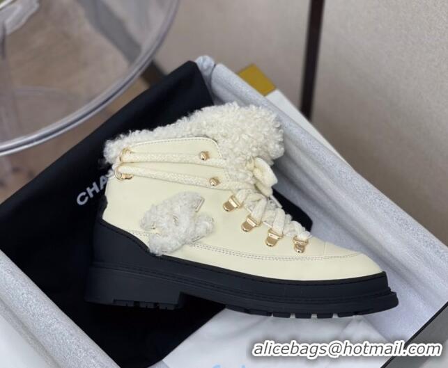 Top Sale Chanel Calfskin Wool Lace-up Flat Short Boots G35376 White